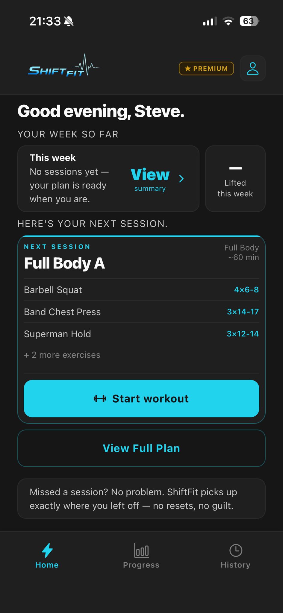 ShiftFit home screen showing the next session ready to start